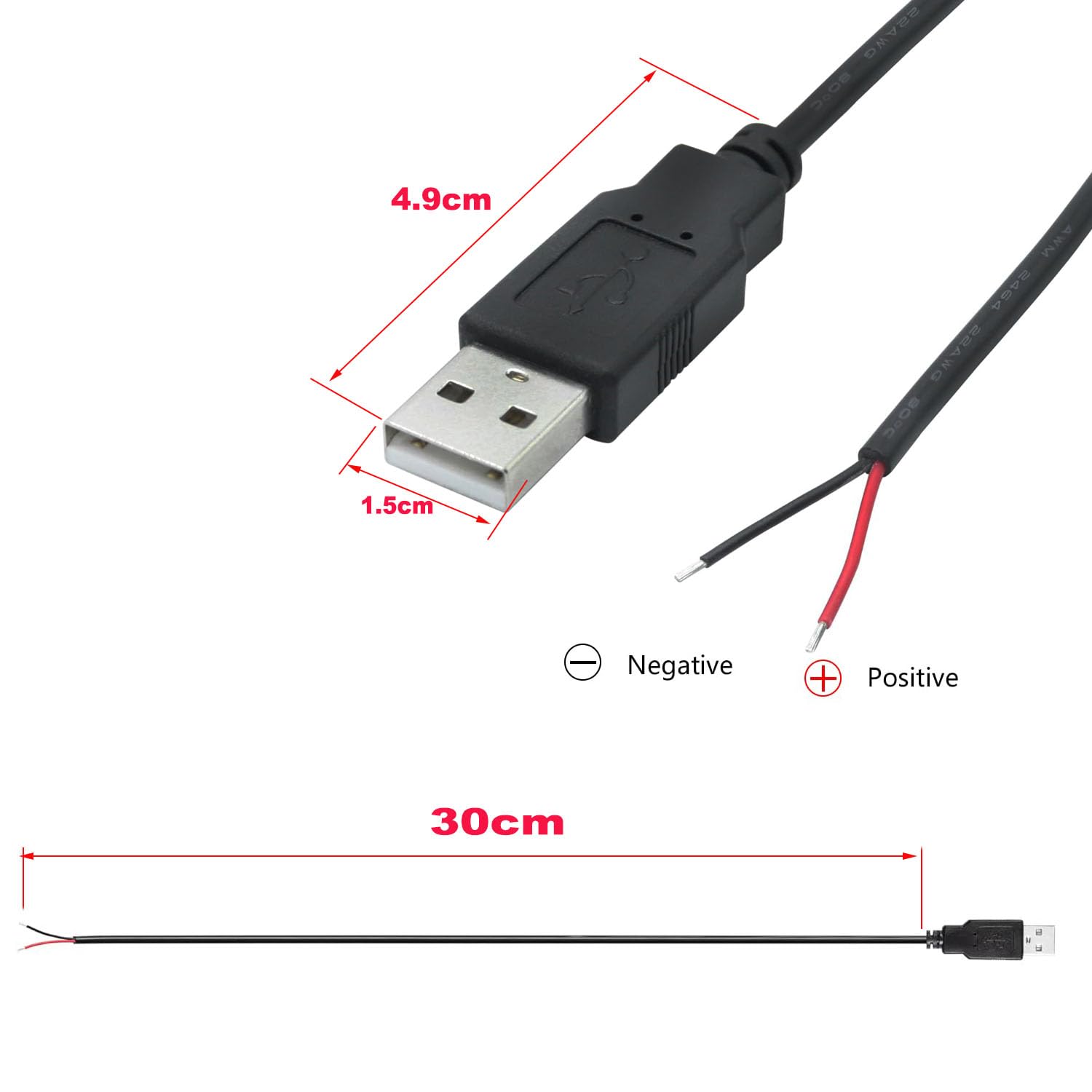6x USB Pigtail Kabel Löten – USB-Stecker Auf 2-poligen Blankdraht, 30 Cm, Für DIY Und Reparatur