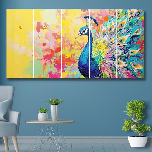 Image of Peacock Painting Set of 5 Sparkle Laminated MDF Big Size Wall Art | Peacock Wall Painting for Living Room, Bedroom, Home and Office