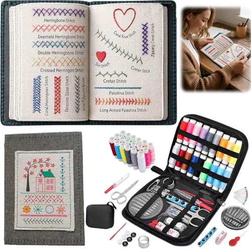 Bukbas Embroidery Stitch Book Kit for Adults Beginners Cross Stitch Kit DIY Sewing Knit Book with Embroiderer Guide Embroidery Kit with Sewing Tools Portable Crafts Gift for Adults