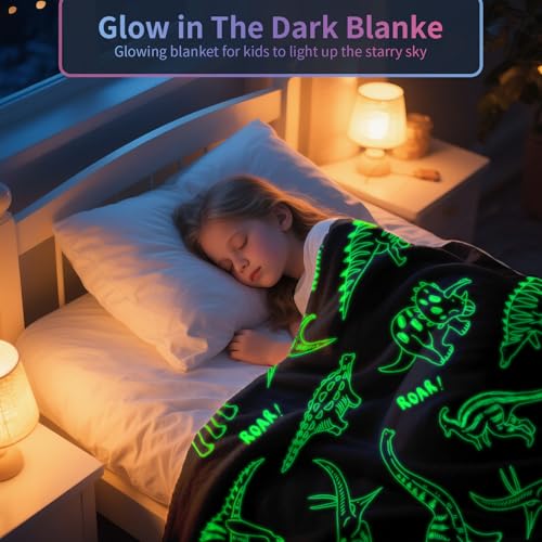 Image of TEHALK Dinosaur Glow in The Dark Blanket for Boys /Girls /Toddler /Baby, Dinosaur Toys for Boy Age 3-12, Cute Funny Kids Throw Blanket for Birthday /Gifts 50 inchx 60 inch