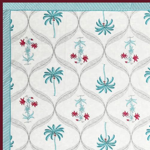 Image of BLOCKS OF INDIA Hand Block Printed Cotton Single Size Reversible Malmal Dohar for Summer (Turq Tree)