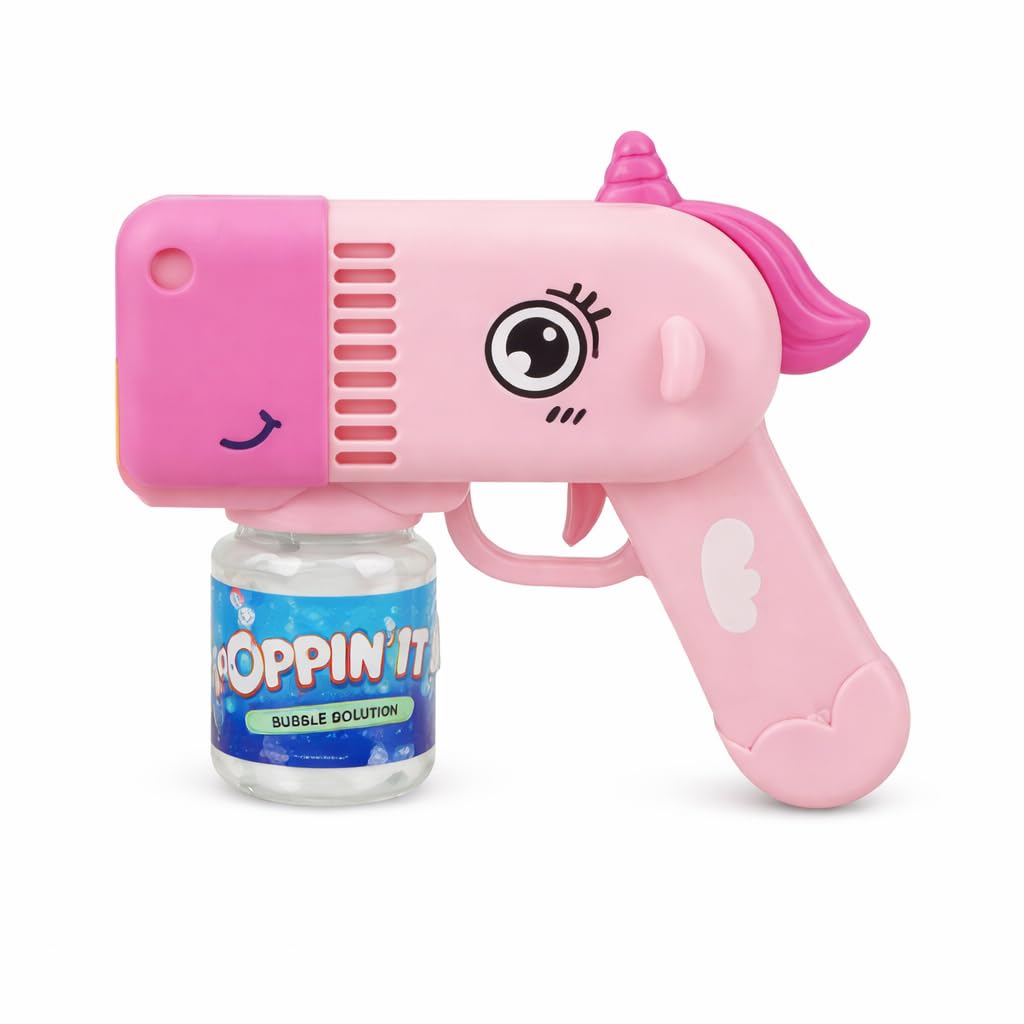CRYSTAL25 12 Hole Bubble Guns – Automatic Bubble Blaster with Solution, Battery Operated Bubble Maker, Party Bag Fillers, Outdoor Garden Summer Fun, Assorted Designs (Pink Unicorn)