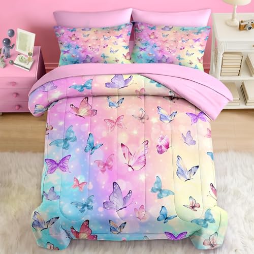 Pamnest Comforter Set Full Size, Pink Blue Butterfly 7 Pcs Bedding for Kids and Adults, Purple Colorful Rainbow Bed Sheet Sets with Fitted Sheet 2 Pillowcases & 2 Shams for Bedroom Bed Decor