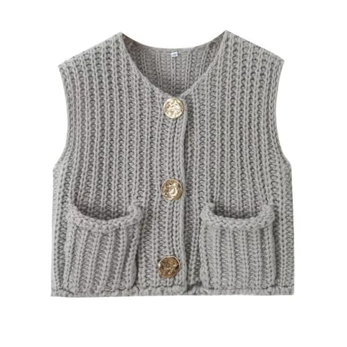 Image of Women's Sleeveless Chunky Knit Cardigan V-Neck Button Down Vest Casual Loose-Fitted Crochet Sweater with Pockets 2024