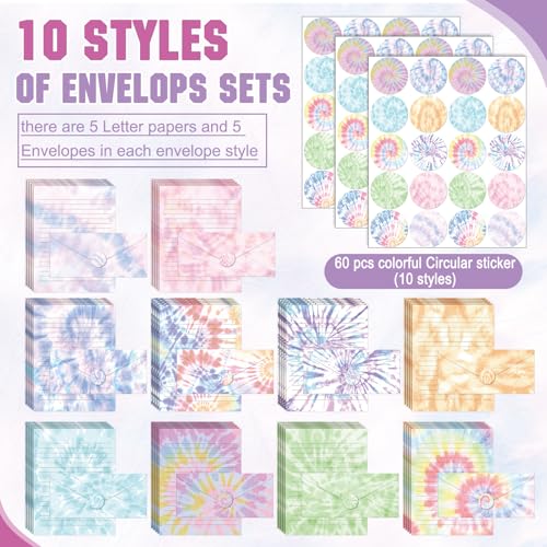 Image of TaoBary 160 Pcs Stationery Paper Set 50 Double Sided Stationery Papers with 50 Matching Envelopes and 60 Round Dot Sticker, 10 Design(Tie Dye,8.5 x 11 Inch)