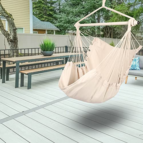 Image of Highwild Hammock Chair Hanging Rope Swing - Max 500 Lbs - Steel Spreader Bar with Anti-Slip Rings - for Any Indoor or Outdoor Spaces (Beige)
