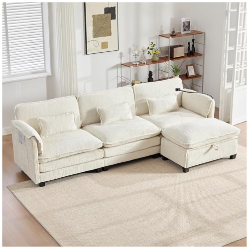Wyibwy Sofá moderno en forma de L, sofá de esquina de 3-4 plazas, con puertos USB, bolsillos laterales, soportes para teléfonos móviles y reposapiés modulares, en tela de chenilla (Beige)