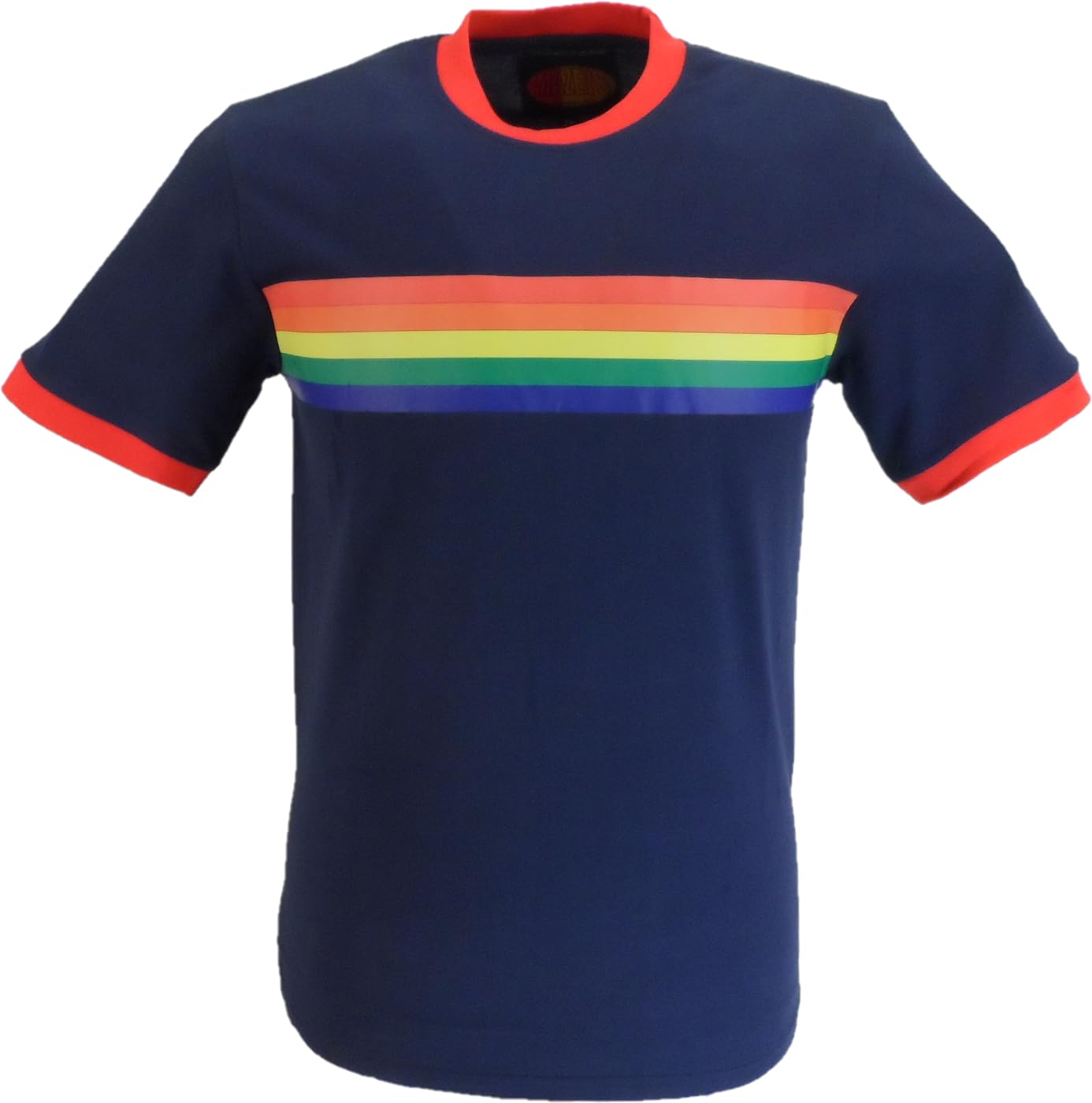 Mazeys Mens Navy Retro Mod 60s Indie Rainbow Striped T Shirt (X Large)