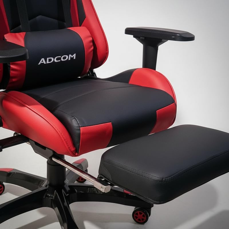 Image of Adcom Mutant Pro Adjustable Gaming Chair, PU Leather, 180 Recline, Ergonomic Neck & Lumbar Support, 4D Armrests with Footrest (Black & Red)