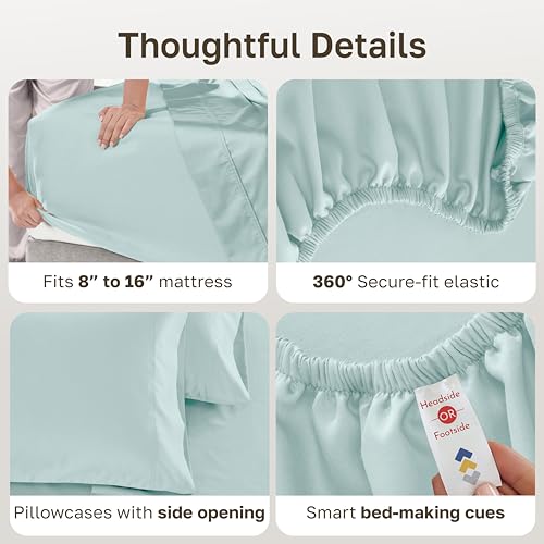 Image of California Design Den King Sheets Cotton Set - 600 Thread Count Sateen, 100% Cotton Sheets King Size, Deep Pockets with All Around Elastic, Snug Fit, Durable Bedding Set - Aqua