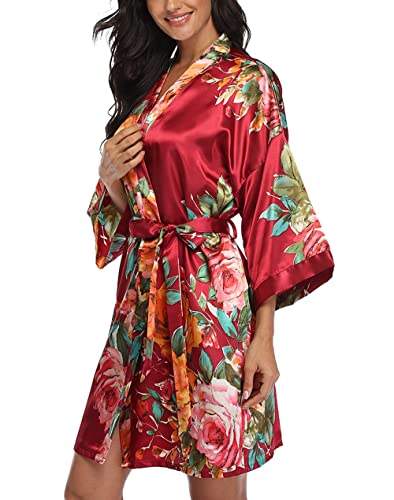 Image of VOGMATE Floral Silk Robes for Women Short Satin Kimono Bride Bridesmaid Robes Bathrobe