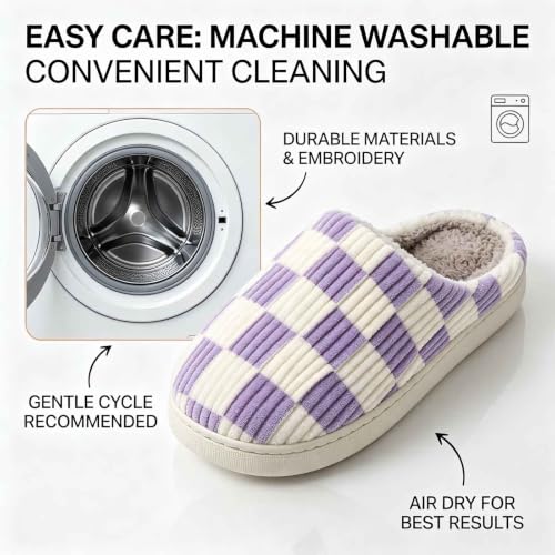 Image of Checkered Slippers for Women and Men - Fuzzy House Slippers with Memory Foam, Comfy Plush Fluffy Indoor House Shoes, Cozy Warm Slip on Bedroom Slippers with Non-Slip Sole