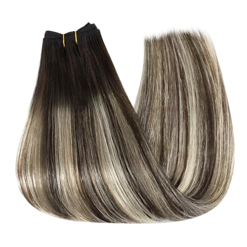 Image of Full Shine 20 Inch Weft Hair Extensions 105G Invisible Sew In Remy Hair | Color 2 /60 /2 Dark Brown To Platinum Blonde Mix, Invisible Sew In, Add Volume, Date Night, Event Styling