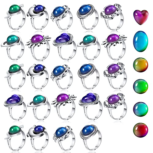 24 Pieces Adjustable Mood Rings for Women Temperature Change Color Mood Ring for Halloween Costume Props Goodie Bag Fillers Birthday Party Favors, 8 Styles