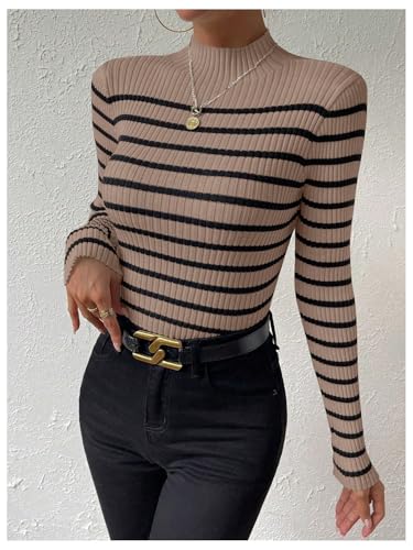 Image of MakeMeChic Women's Casual Rib Knit Striped Mock Neck Long Sleeve Pullovers Tops Slim Fitted Sweaters Brown Small