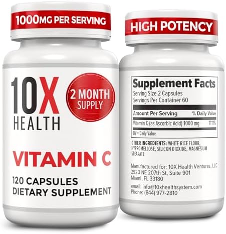 10X Health Vitamin C 1000mg – 120 Capsules Vitamin C, High Dose Ascorbic Acid for Immunity, Antioxidant Protection, Collagen & Tissue Support for Adults – VitaminC 1000 mg – Non-GMO, Gluten-Free