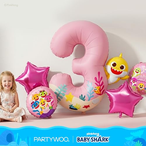 Image of PartyWoo Baby Shark Pink Foil Number 3 Balloon 5pcs 40 18 Inch Pink Round Star Mylar Helium Birthday Balloons for Boys and Girls Baby Shark Under the Sea Ocean Kids Third Birthday Party Decorations
