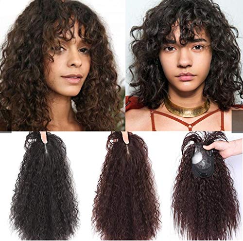 Synthetic Hair Topper with Bangs Wavy Curly Hair Piece Toupee Clip on Top Hairpiece for Women (25cm Natural Black)