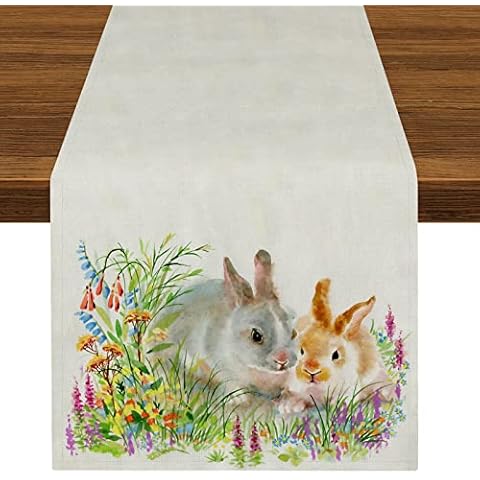 Easter Bunny Table Runner Watercolor Rabbits Table Runners 72 Inches Long for Kitchen Dining Table Decoration Holiday Party Indoor Outdoor Decor Cover