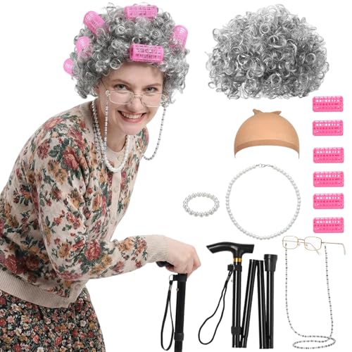 Amycute Oma Opa Kostüm Zubehör Set Perücken Set für Damen Herren Erwachsener mit Perücke Brille Spazierstock Wig Cap Zubehör für Halloween Karneval Mottoparty (Style 3)