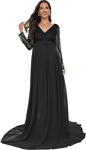 ZIUMUDY Vestido de maternidad con cuello en V para fotografía de gasa, manga larga, con costuras de encaje, maxi vestido para baby shower