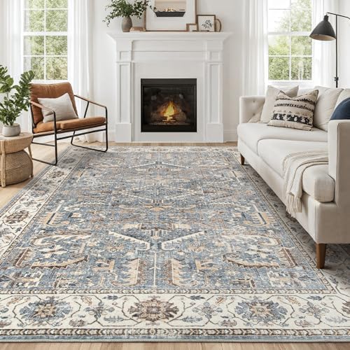 Area Rugs 5x7 for Living Room - Washable Soft Large Vintage Rug Non-Slip Stain Resistant Traditional Stain Resistant Indoor Floor Low Pile Carpet for Bedroom Dining Room or Home Office - Blue Multi