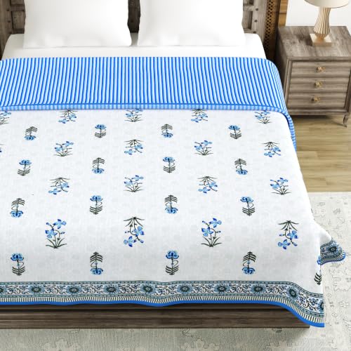 Image of BLOCKS OF INDIA 100% Cotton Dohar King Size Reversible Hand Block Printed Malmal Summer Dohar /Blanket (Blue Green Flower)