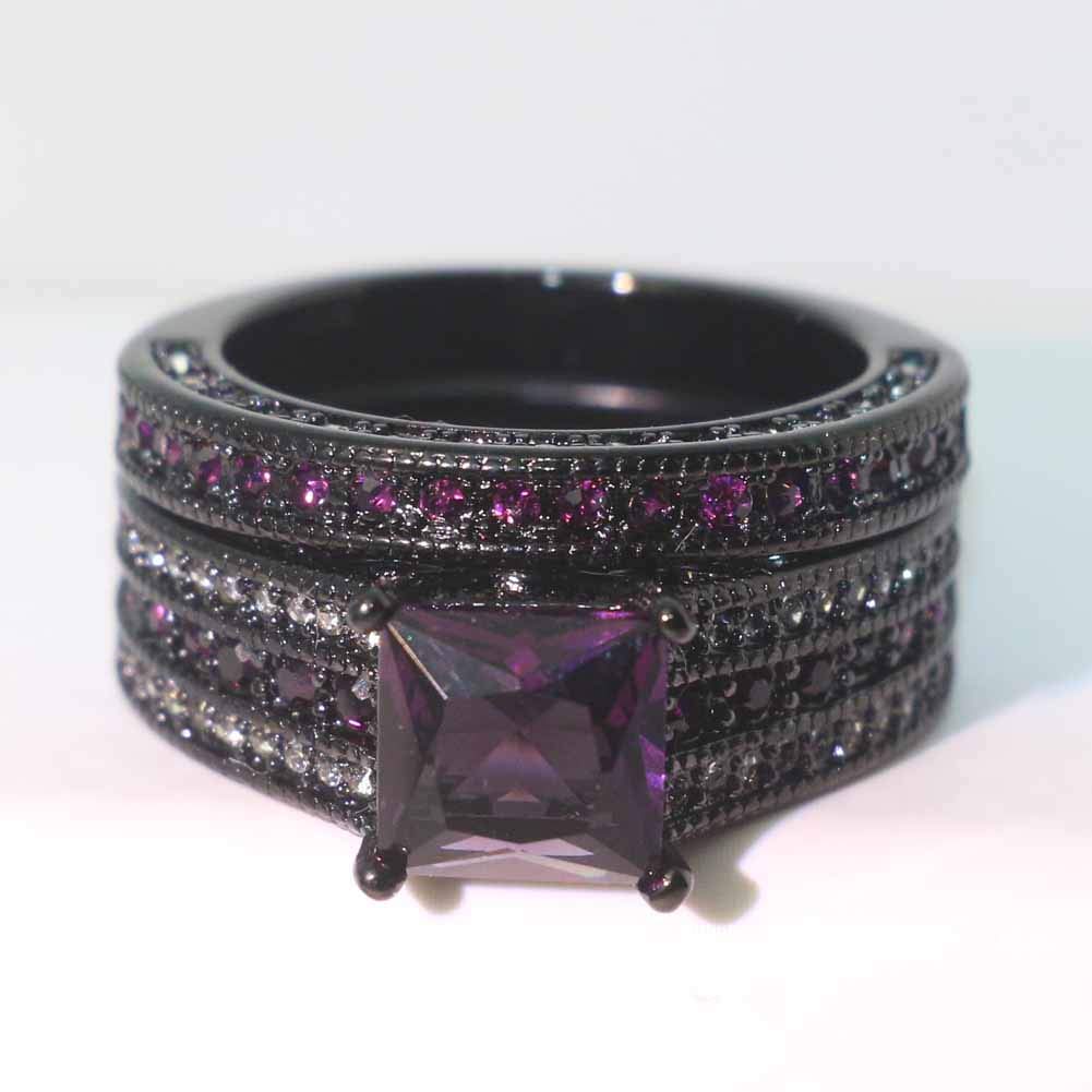 Conjuntos nupciales de lujo chapados en oro negro para mujer, conjuntos de anillos de boda de corte princesa de 0.315 in de circonita azul, Metal Cristal rhinestone, Zirconia cúbica 6