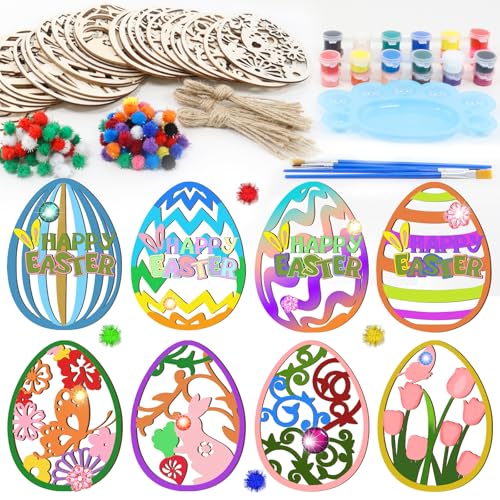 Homethrive 323Stück Ostern Basteln Kinder, Ostereier zum Bemalen Holz,Osterdeko Basteln Kinder DIY Holzanhänger Ostern zum Bemalen,Oster Frühling Bastelset mit Schnur, Strass, Pinsel