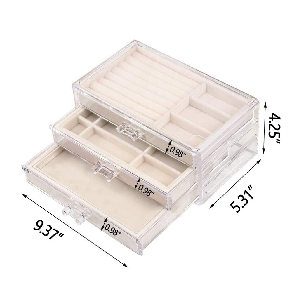 Klassisches Schmuckkästchen Acryl Schmuckschatulle 3 Schublade Schmuck Organizer Samt Schmuck Aufbewahrungsboxen Exquisite Portable Display Case Geschenk geeignet für Damen und mädchen