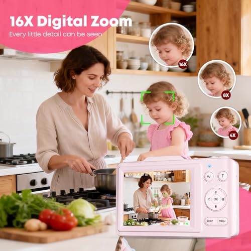 Image of Digital Camera, Autofocus 4K Point and Shoot Digital Cameras with 16X Zoom Anti Shake, 48 MP Cameras for Photography with 32GB Card, Compact Portable Small Camera for Kids Girls Boys Beginners, Pink
