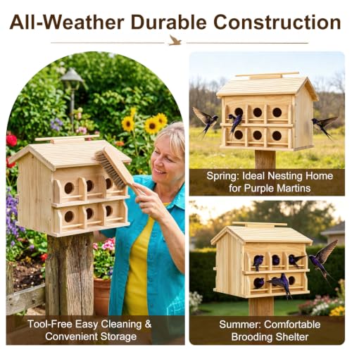 Image of Purple Martin Bird House, Large 12-Room Wooden Birdhouse for Outdoors