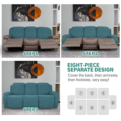 Image of YEMYHOM 8 Pieces Stretch Recliner Sofa Cover Jacquard Reclining Couch Cover with Side Pocket Anti-Slip Fitted 3 Cushion Furniture Slipcovers with Elastic Bottom (Recliner Sofa, Peacock Blue)