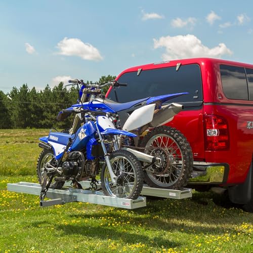 Black Widow Double Motorcycle Bike Hitch Carrier with Loading Ramp, 600 Lbs Capacity, Metallic - Heavy-Duty Aluminum Hauler and Platform for Motorcycles