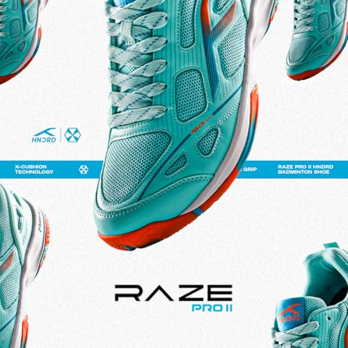 Image of Hundred Raze Pro II Badminton Shoes (Non Marking) Indoor Sports | Lightweight & Durable | X-Cushion | Active Grip Sole | Extended Heel Lock (Turquoise /Orange /White ; UK 5)