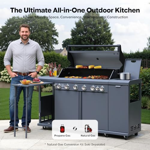Image of Brand-Man 6-Burner Gas Outdoor Kitchen Grill Island with Side Burner
