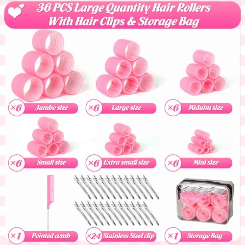 6 Size Hair Rollers for Women, 62 Pcs Rollers Hair Curlers for Long Medium Short Hair, Large Medium Small Self Grip Hair Rollers with 36 Rollers 24 Stainless steel Clips 1 Storage Bag - Image 3