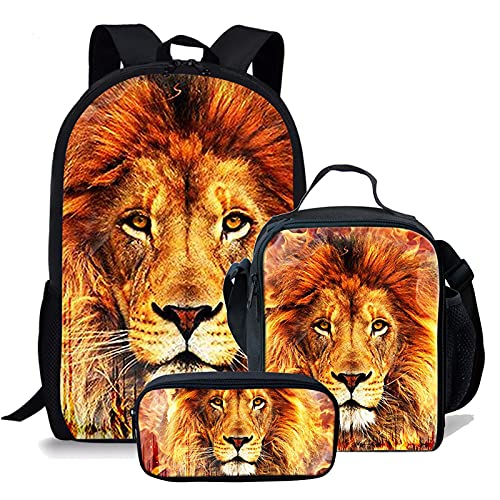 Set 3 in 1 con collana a forma di testa di lupo borsa per la scuola zaino da viaggio per il pranzo astuccio regalo per bambini con stampa animalier Leone giallo Taglia unica Zaini