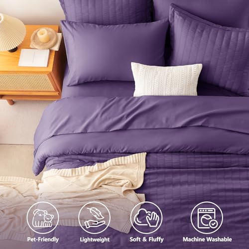 Image of CozyLux Full Size Comforter Sets Purple, 7 Pieces Seersucker Textured Luxury Bed in a Bag, All Seasons Soft Bedding Sets with Down Alternative Comforter, Sheets, Pillowcases & Shams, Bedroom Bed Set