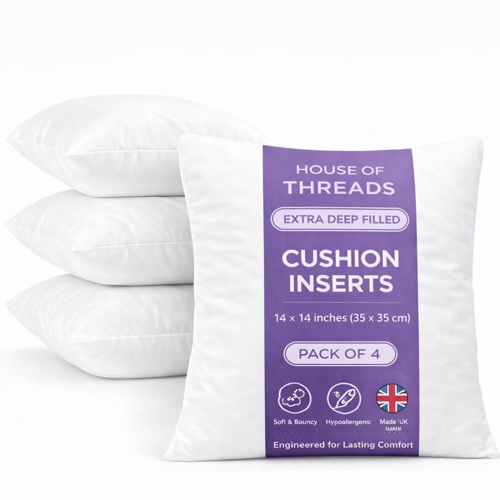 HT House Of Threads Cushion Inserts | 14 x 14 Inch (35 x 35 cm) White Cushion Pads | Extra Deep Filled Hotel Quality Cushion Inserts | Premium Hollowfibre Throw Pillows | 4 Pack