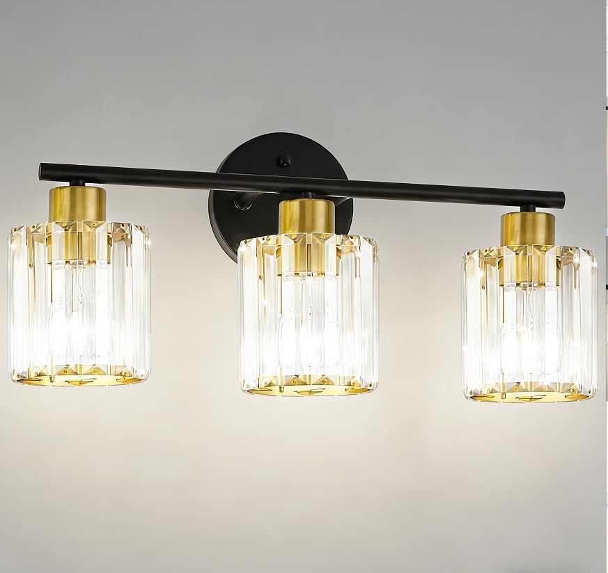 Image of Modern Black Gold Crystal Bathroom Light Fixtures,3-Light | Bathroom Lighting Fixtures over Mirror,Vanity Lights for Mirror, Restroom(Ceramic E26 Socket,Bulbs Not Include)