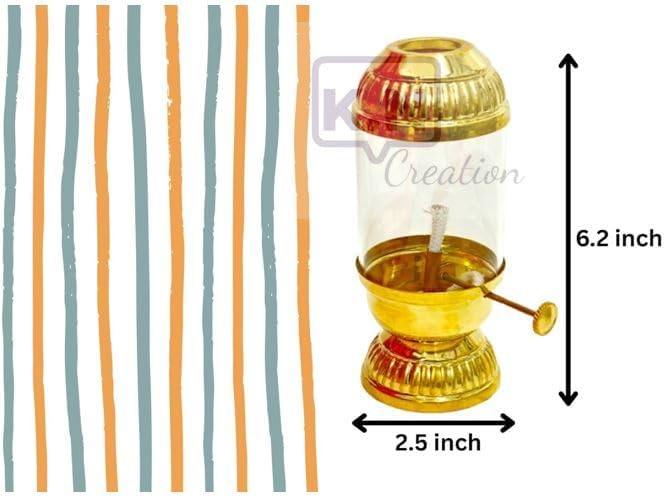Image of K.N Creation Brass Akhand Jyoti Diya Oil Lamp with Adjustable Bati Knob | Lifting Screw Wick Holder for Puja | Borosilicate Glass Cover (Small- Oil Capacity 80 ML) Stay Lit for 20 Hours