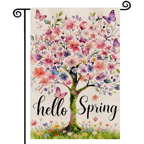 Hello Spring Garden Flag 12x18 Inch Double Sided Seasonal Flowers Tree Farmhouse Holiday Yard Outdoor Decorative Flag for Outdoor Outside Party Decoration