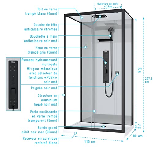DE BESTE DOUCHECABINE MET HYDROMASSAGE: 110 x 80 cm, GRIJZE BODEM EN MATZWARTE PROFIELEN