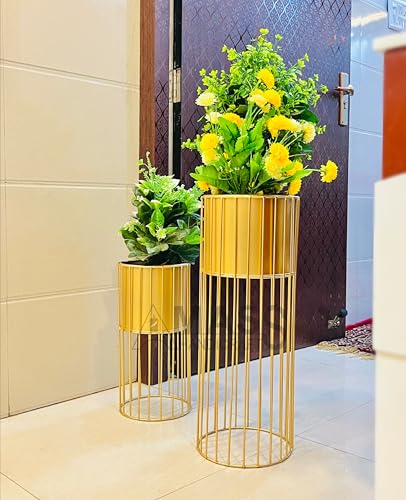 Image of Modern Metal Decorative Floor Standing White And Gold Indoor Outdoor Plant Stand With Pot For Home Decor Living Room Office Bedroom Balcony Set of 2 Flower Pots (Gold)