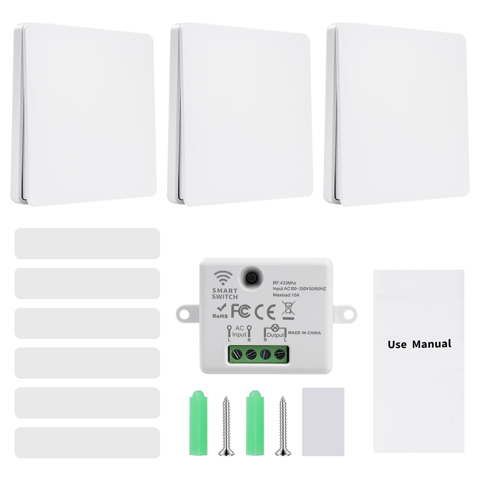 Interruptor Inalámbrico sin pilas RF433 240V 10A Interruptor Inalambrico con Receptor Interruptores Inalambricos Conmutador Inalambricos WHD05+WHZ03 (1 receptor + 3 paneles de control)