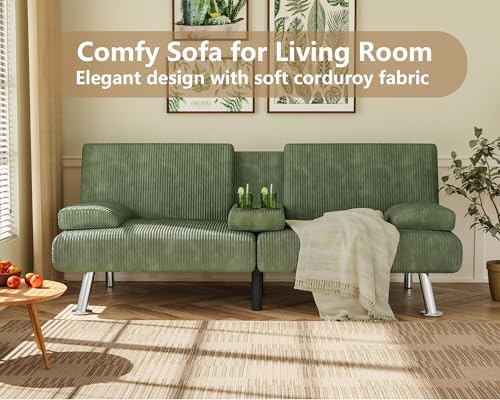 Flamaker Futon Sofa Bed Corduroy Folding Couch Adjustable Sleeper Sofa Bed for Small Apartment Upholstered Living Room Furniture Set with 2 Cup Holders Removable Armrests (Green) 6 51mm89ElImL. AC
