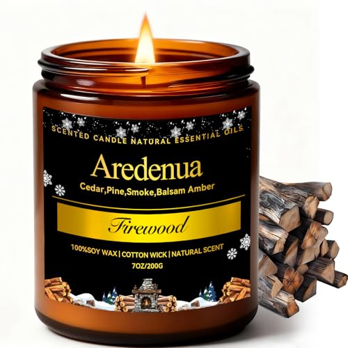 Firewood Scented Candle | Smoky Wood Scent 7oz Soy Candles for Home Cozy Scented, Holiday...