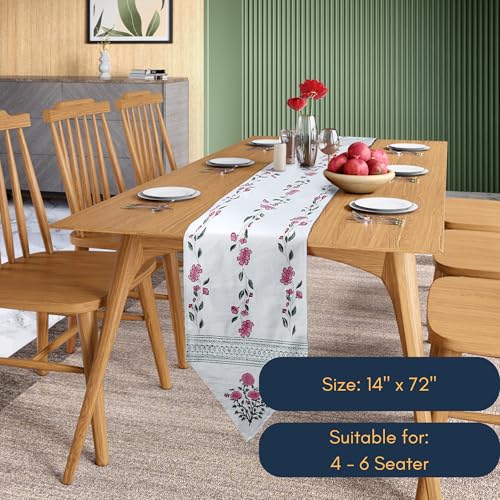 Image of Table Runner 100% Cotton Linen - Valentine's & Spring Block Print Collection - Boho Floral Farmhouse Decor - Dining Living Room - 72 inch 4 - 6 Seater - Pink Parisian Bloom (Pink & White)