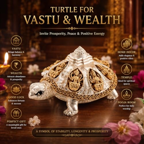 Image of DHRUVS COLLECTION 24k Gold & 999 Silver Plated Tortoise, Turtle for Vastu, Wealth, Home Decor, Temple, Pooja Room, Good Luck Gift (Large - 9.5 x 5 x 6 cm)